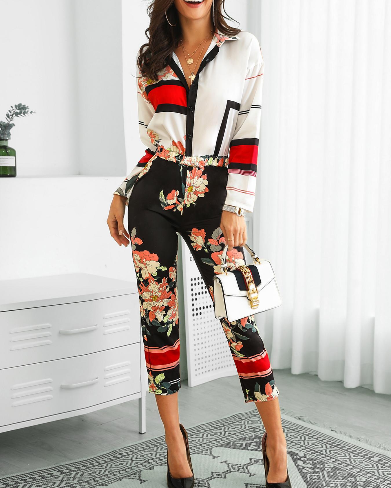 

Floral Print Turn-Down Neck Long Sleeve Jumpsuit, Black