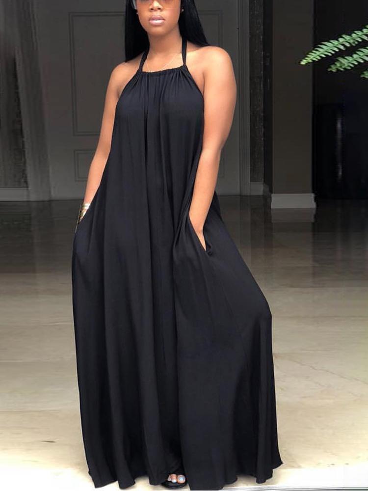 

Solid Halter Backless Loose Casual Maxi Dress, Blue;yellow
