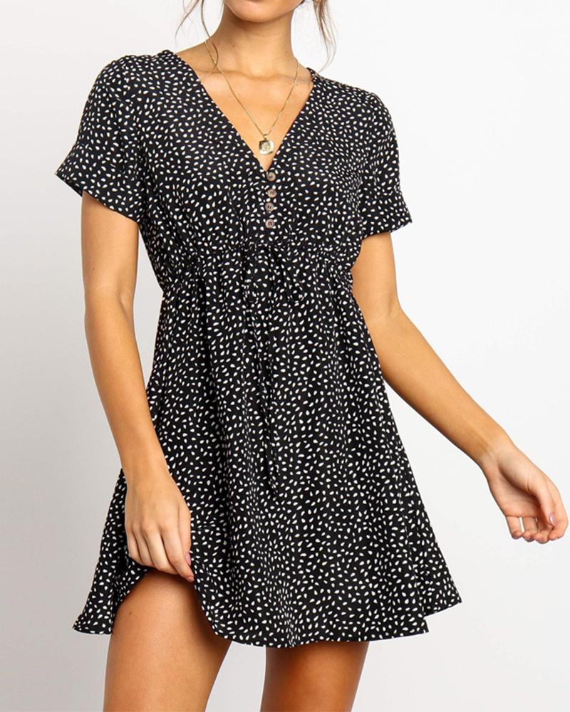 

Dotted V-Neck Mini Dress, Black