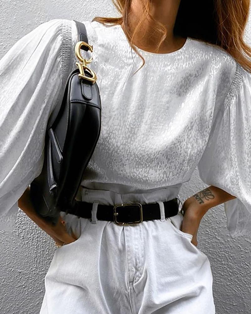 

Round Neck Lantern Sleeve Top, White