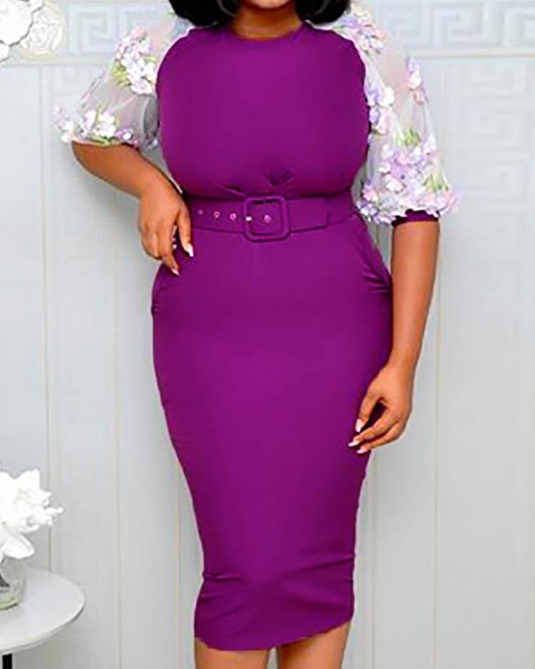 

Floral Embellished Mesh Sleeve Bodycon Dress
