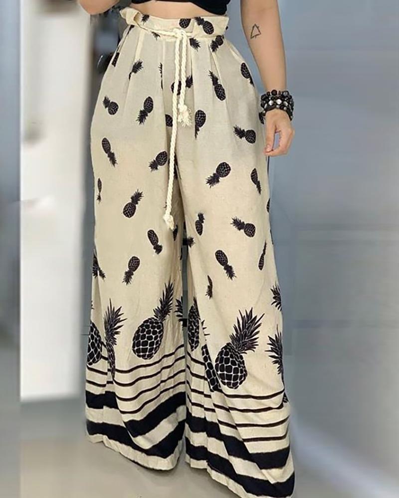 

Pineapple Print Striped High Waist Pant, Beige