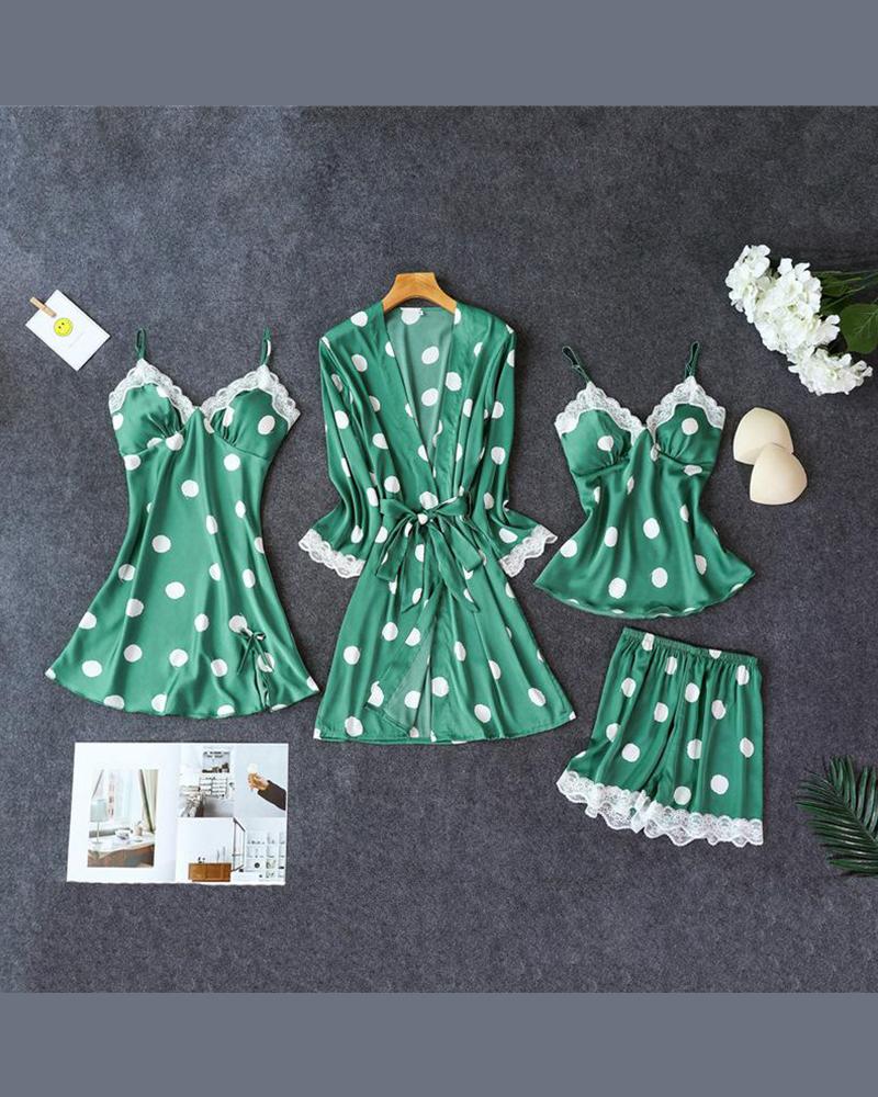 

Polka Dot 4pcs Pajama Set, Green