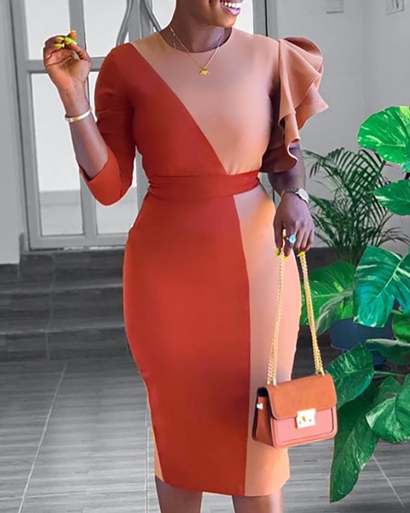 

Colorblock Insert Ruffles Irregular Sleeve Bodycon Dress, Red