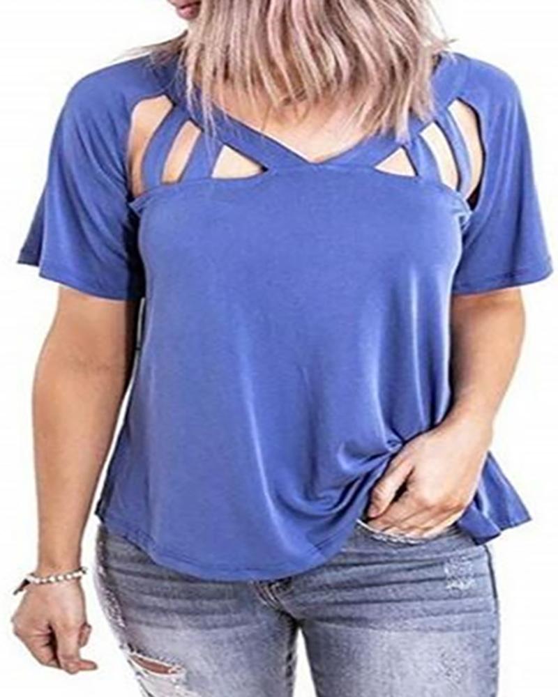 

Solid Cut Out Design V-neck T-shirt, Dark blue