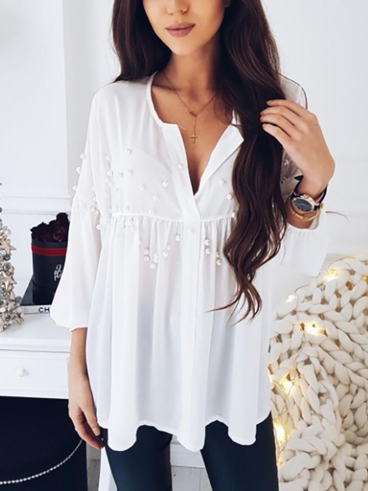 

Casual White Beading Embellished Blouses