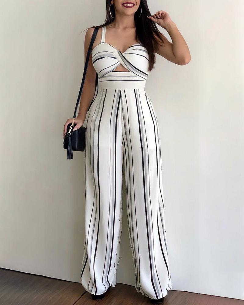 

Striped Twisted Cutout Front Jumpsuit, White