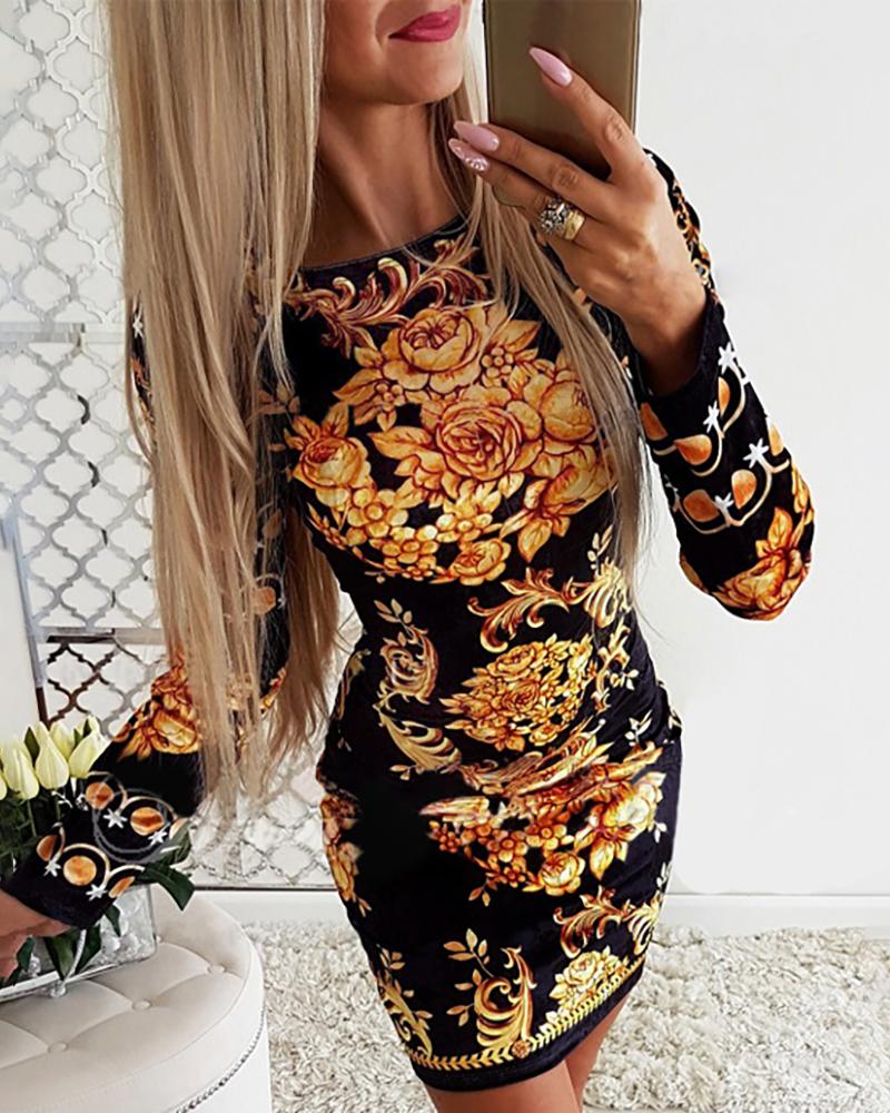 

Scarf Print Long Sleeve Bodycon Dress, Gold