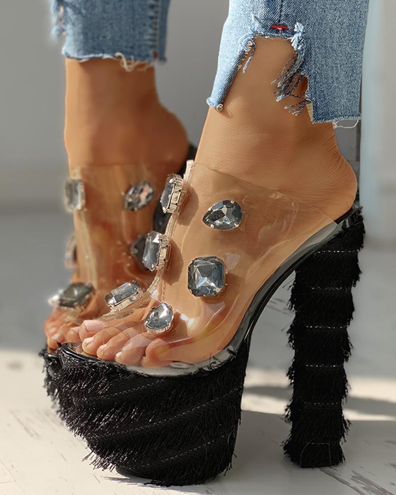 

Fluffy Transparent Platform Chunky Heeled Sandals, Black