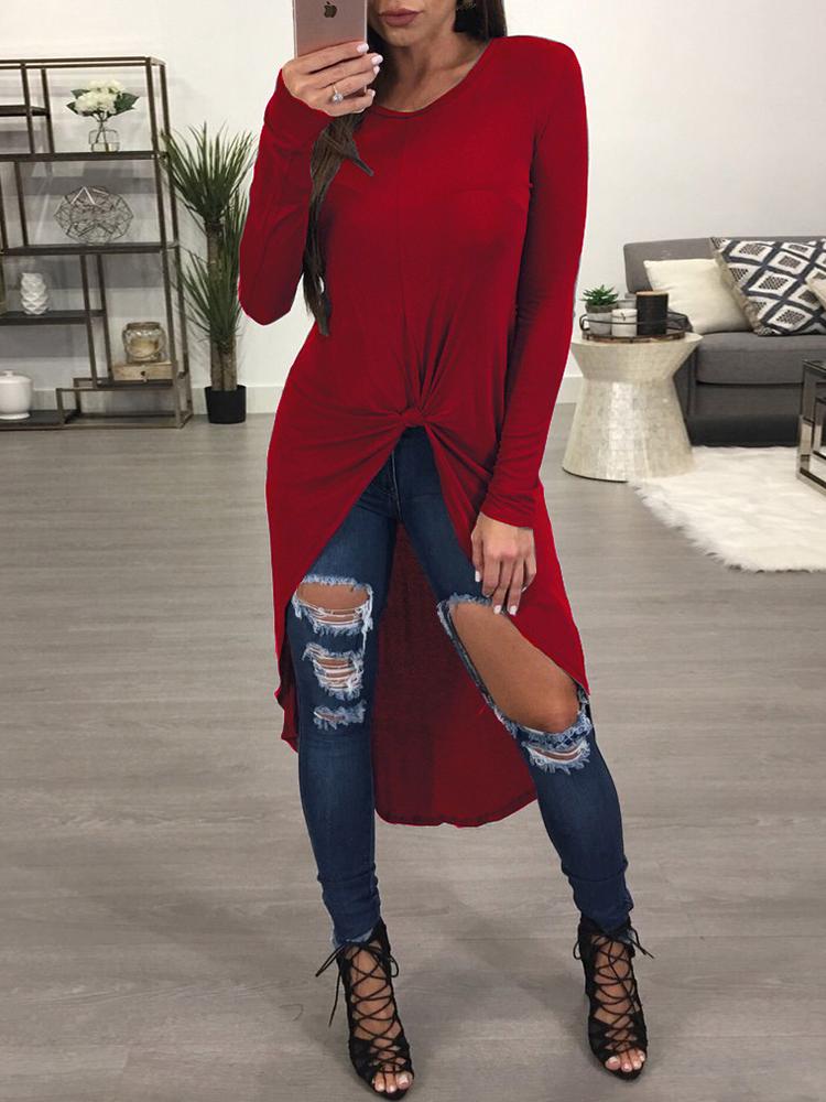 

Solid Twist Front Dip Hem T-Shirt, Wine red