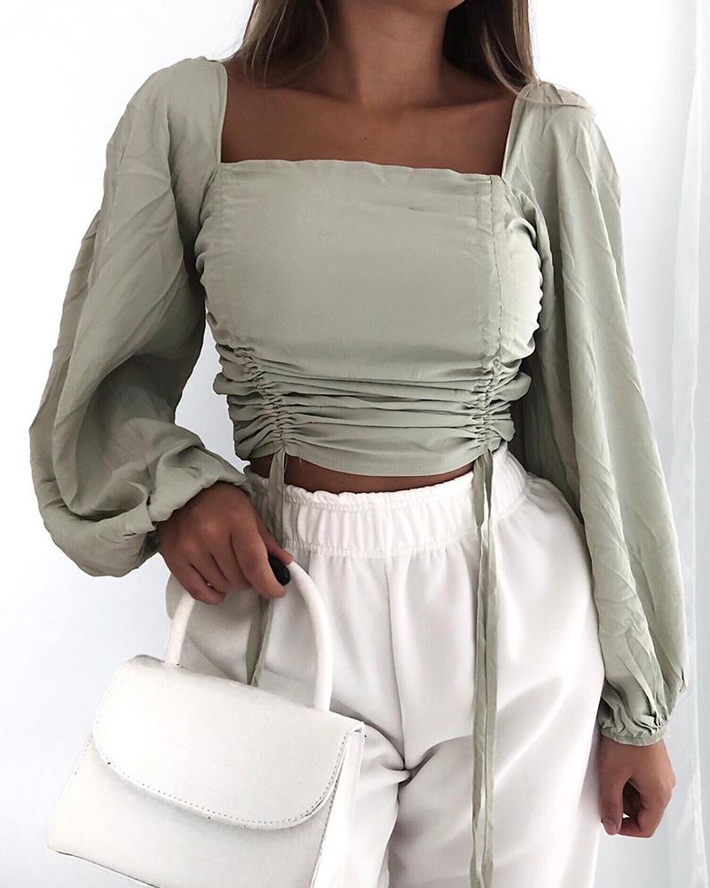 

Solid Square Neck Drawstring Top