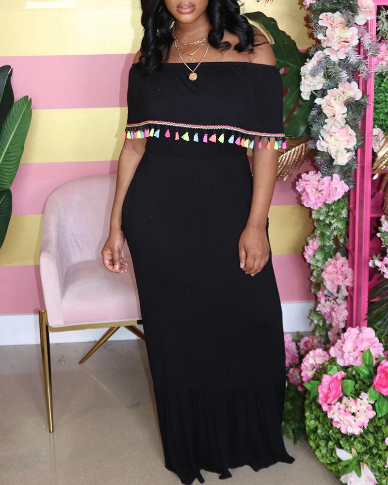

Off Shoulder Ruched Tassel Design Colorblock Maxi Dress, Black