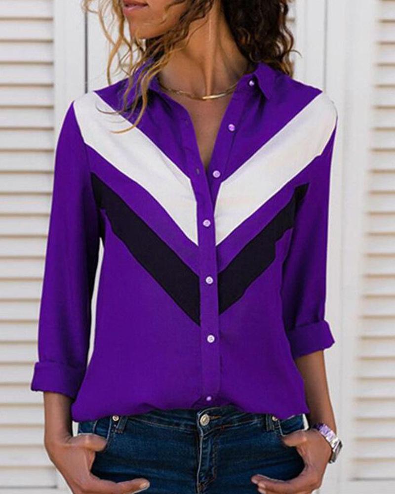 

Contrast Color Button-Up Long Sleeve Shirt, Purple