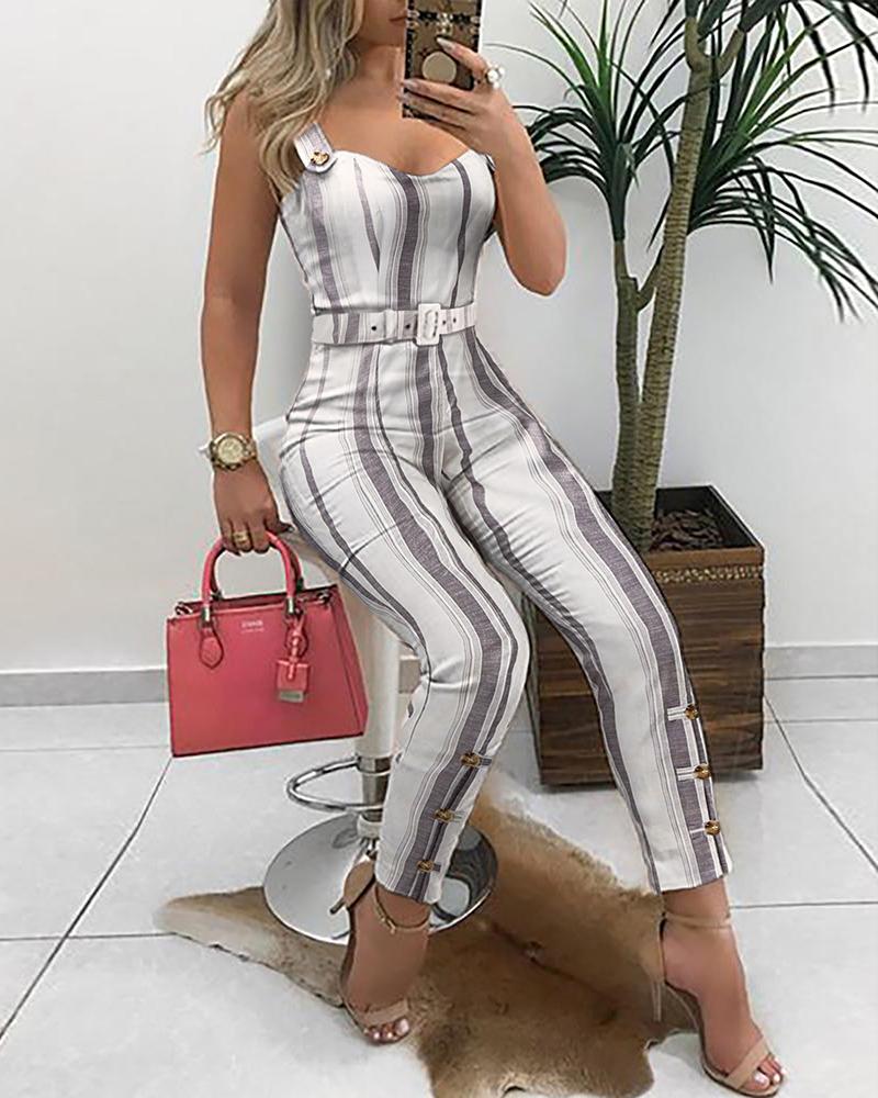 

Thin Strap Striped Buttoned Detail Jumpsuit, White&gray