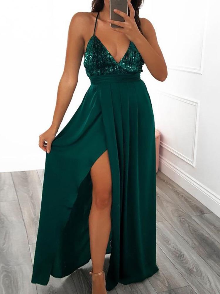 

Halter Sequins Patchwork Slit Pleated Dress, Green