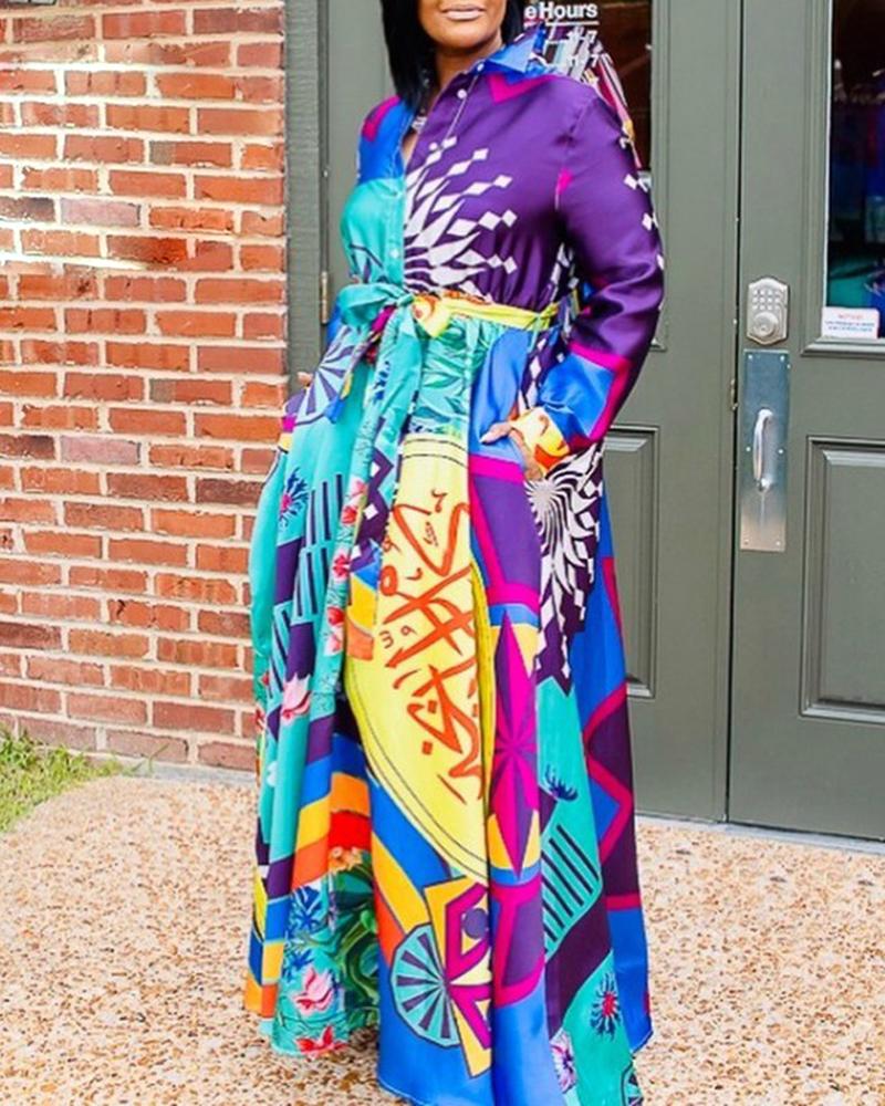 

Turn-down Collar Abstract Print Colorblock Buttoned Dress, Multicolor