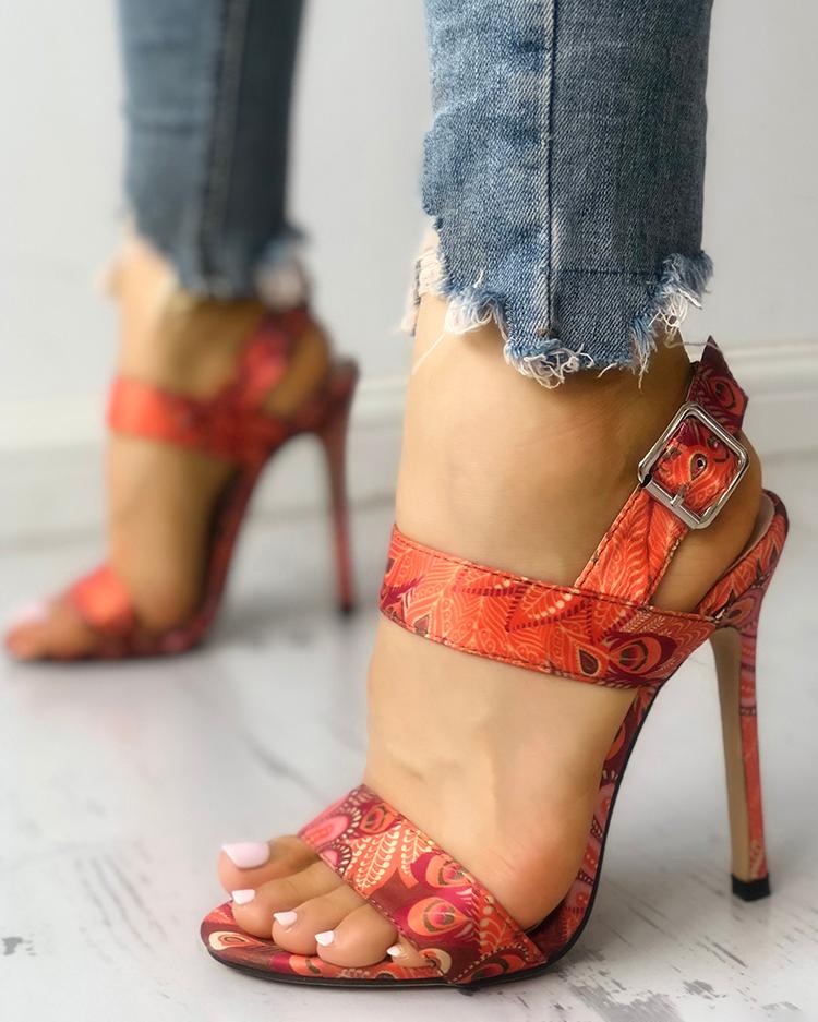 

Peacock Feather Print Slingbacks Thin Heeled Sandals, Orange
