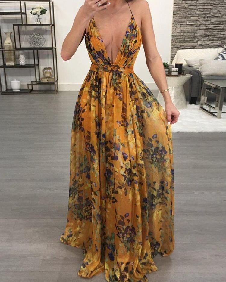 

Floral Print Pleated Backless Slip Maxi Dress, Orange