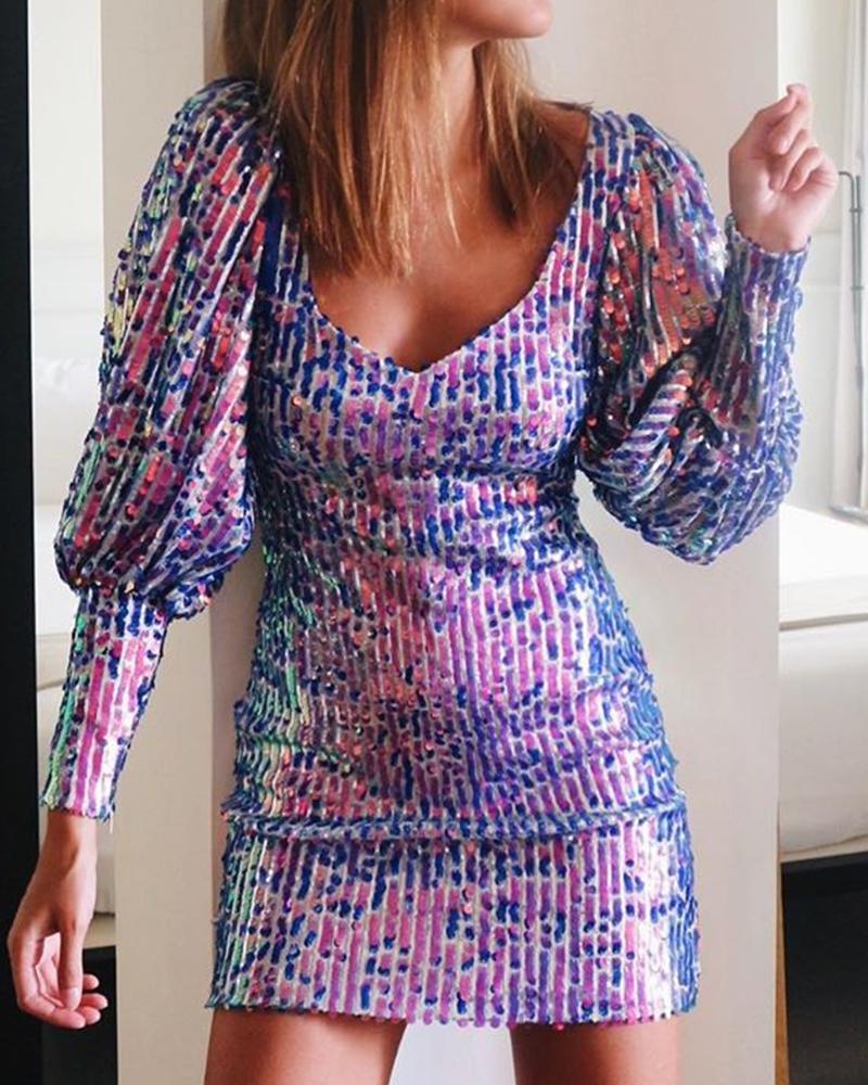 

Leg-of-Mutton Sleeve Sequin Party Mini Dress, Multicolor