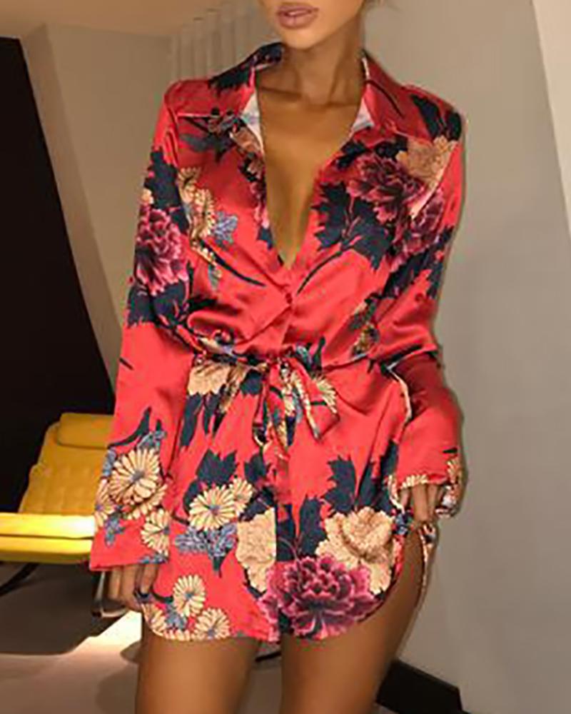 

Floral Print Tied Shirt Dress, Red