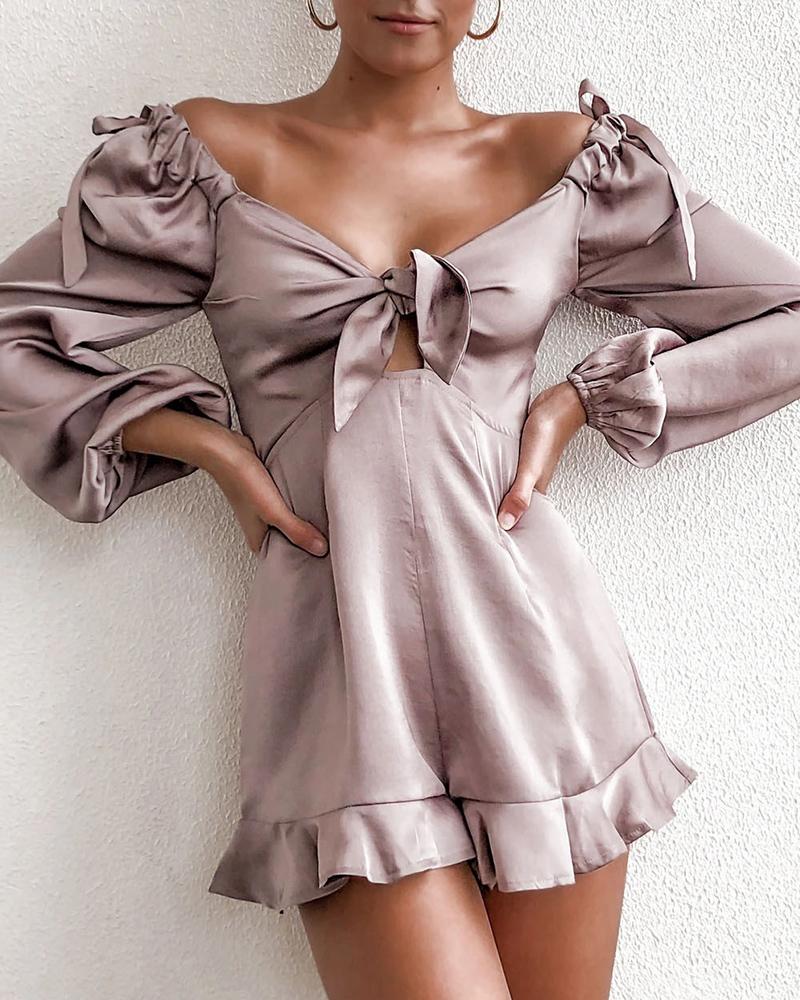 

V-neck Frill Hem Ruffles Romper, Silver