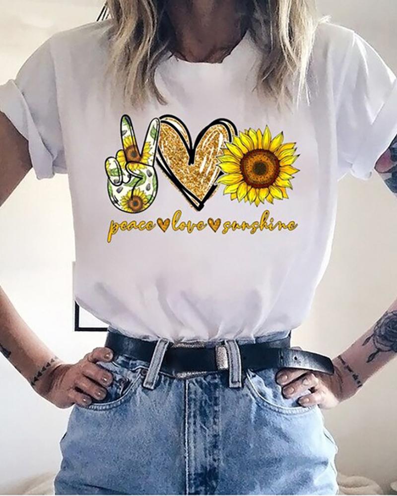 

Heart Sunflower Print Casual T-shirt, White