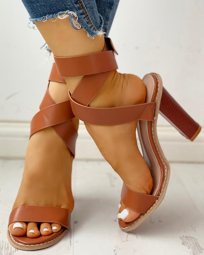 

Crisscross Bandage Buckled Chunky Heeled Sandals, Brown