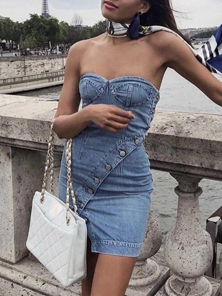 

Button Detail Slit Strapless Denim Dress, Blue