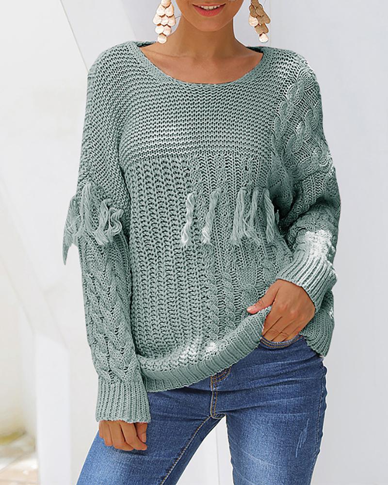 

Solid Tassel Detail Casual Sweater, Green