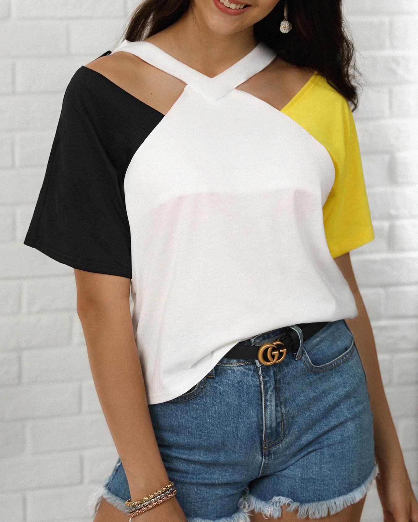 

Contrast Color Cutout Shoulder Casual T-Shirt, Multicolor