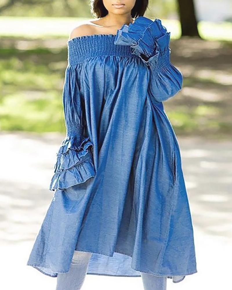 

Off Shoulder Shirring Detail Ruffles Dress, Blue