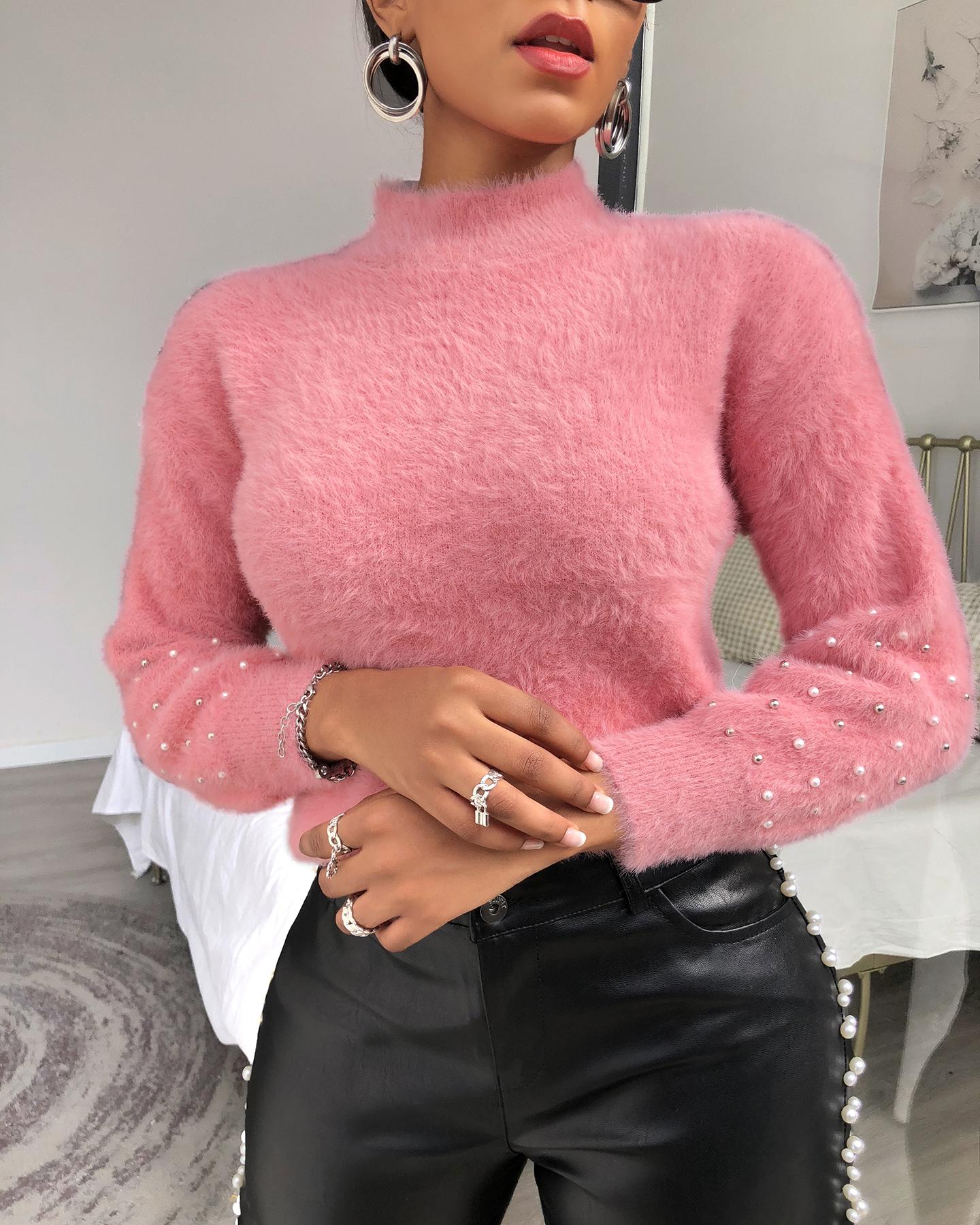 

Beaded Fluffy Lantern Sleeve Top, Hot pink