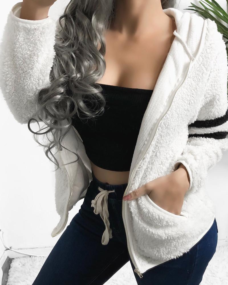 

Hooded Zipper Design Striped Casual Fluffy Coat, White