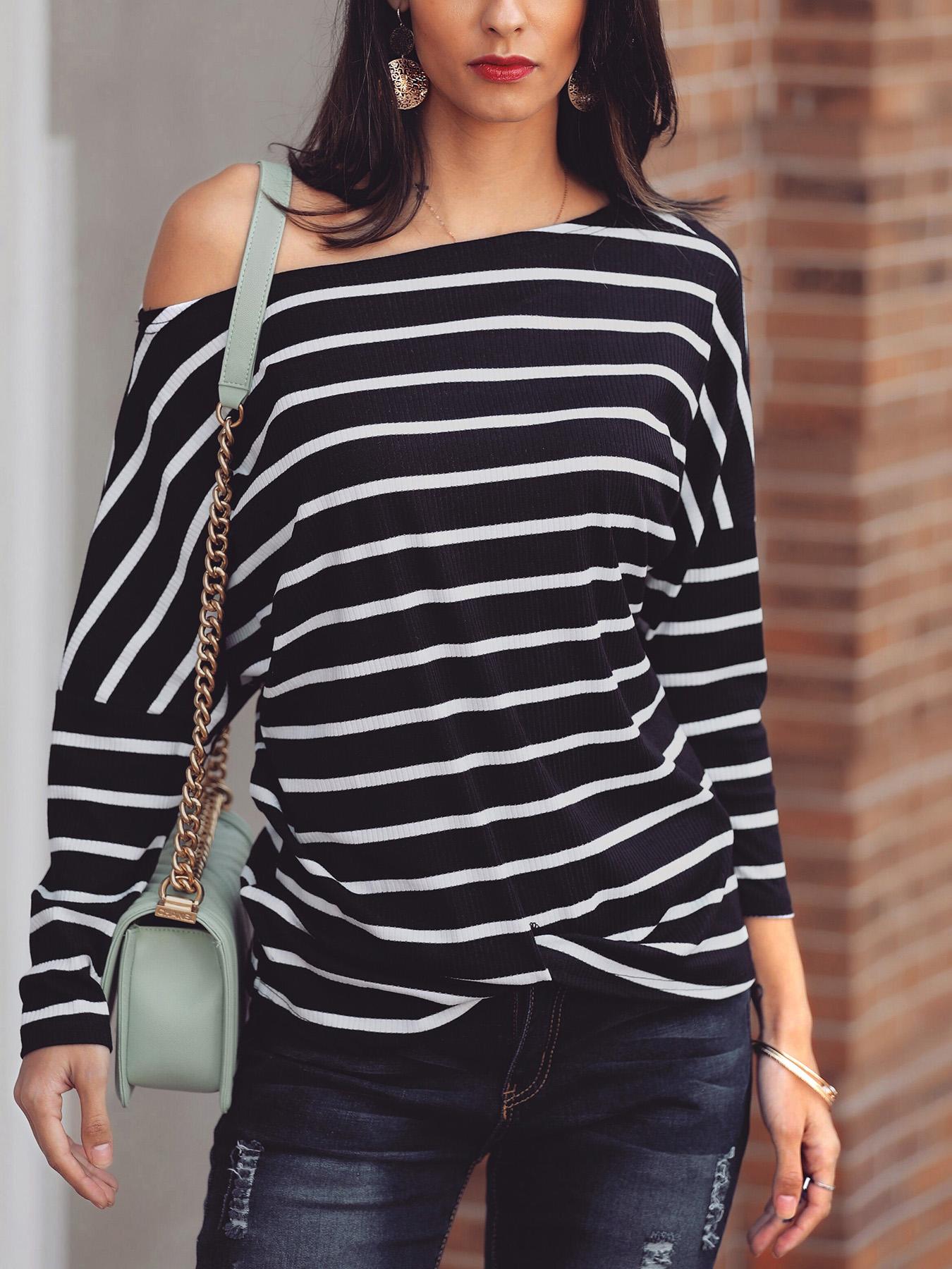 

Striped Knotted Front Causal Blouse, Black