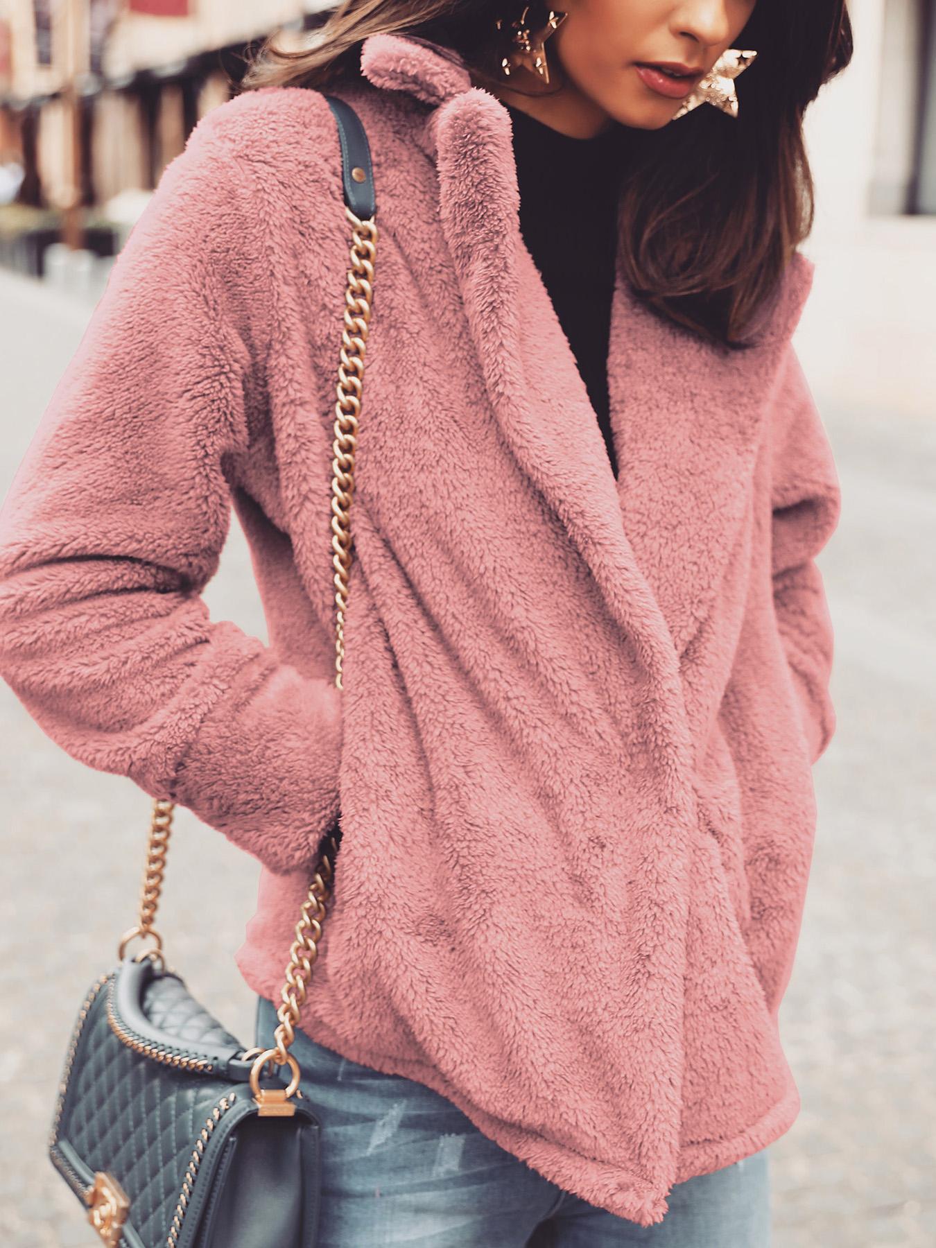 

Solid Fluffy Pocket Design Long Sleeve Coat, Red bean