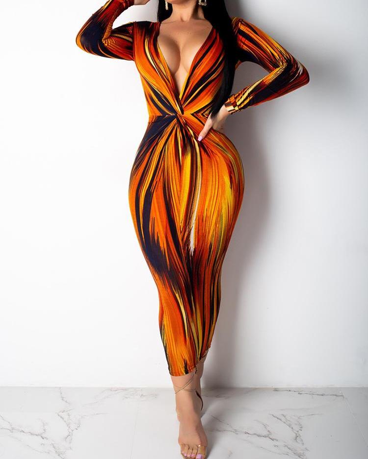 

Plunge Twist Front Abstract Printed Dress, Orange