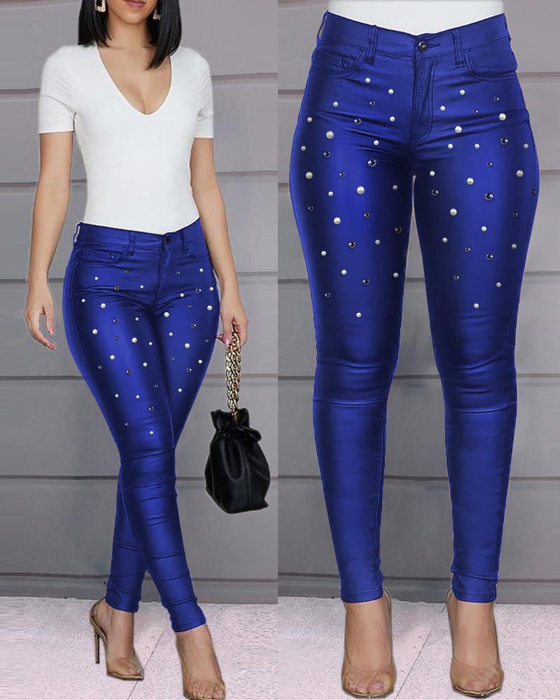 

High Waist Studded Pant, Blue