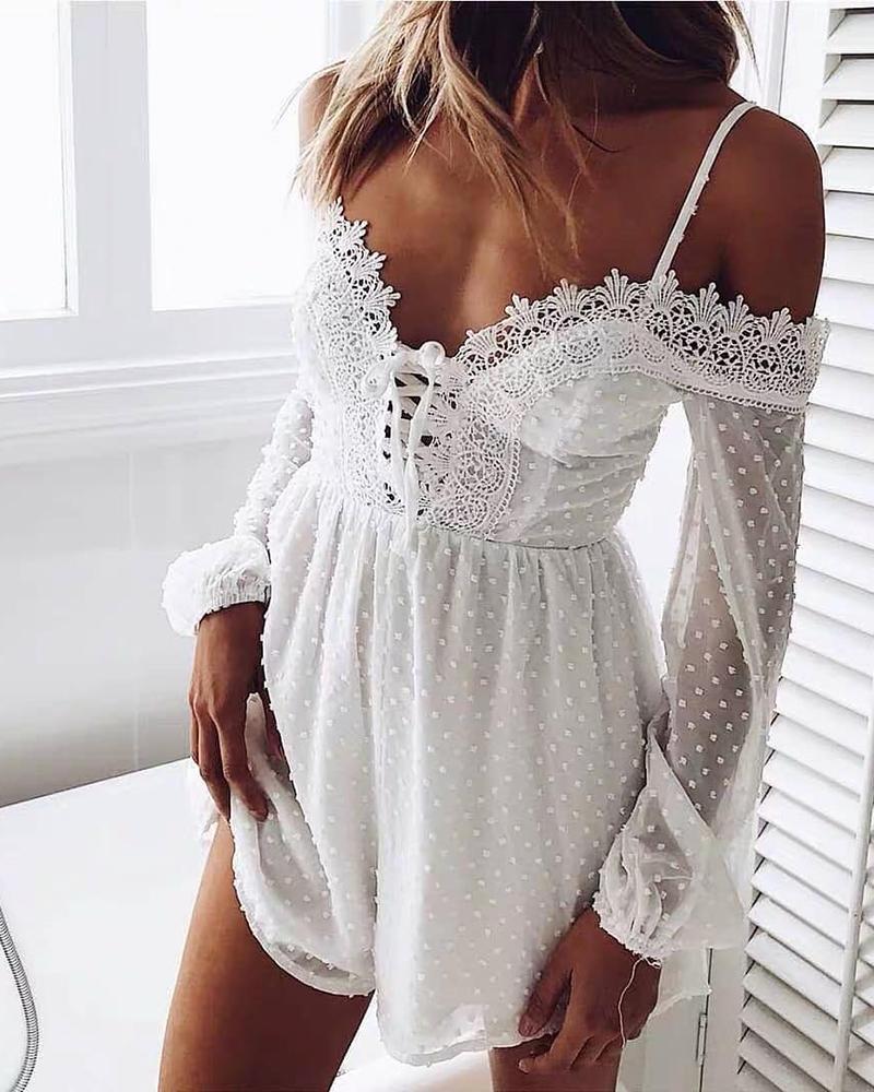 

Cold Shoulder Mesh Crochet Lace Romper