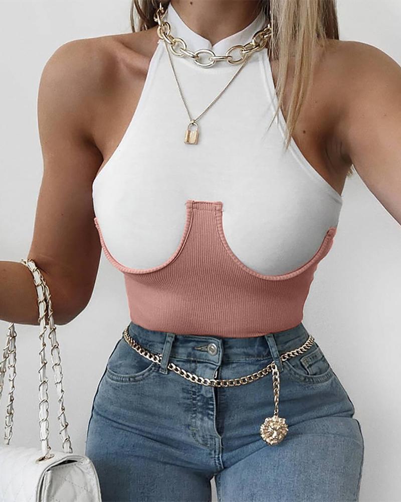 

Colorblock Bustier Sleeveless Fitted Bodysuit, Pink