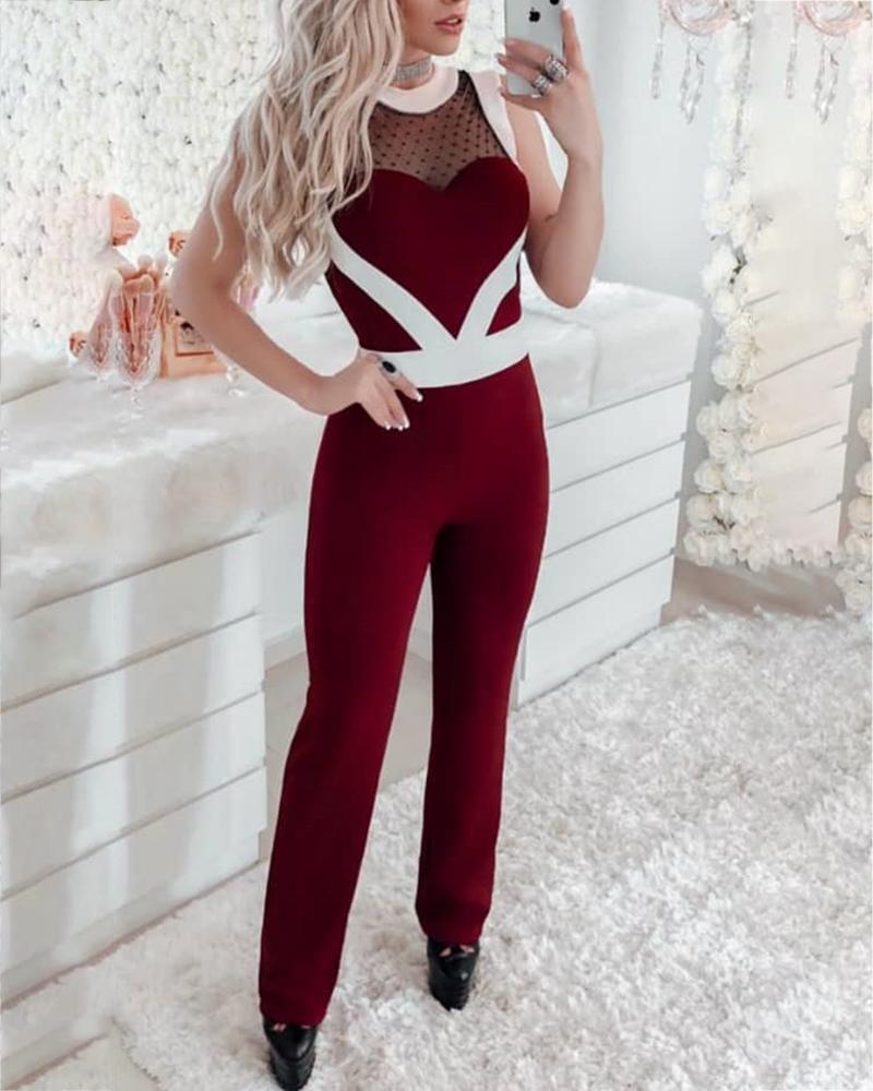 

Contrast Color Mesh Insert Jumpsuits, Dark red