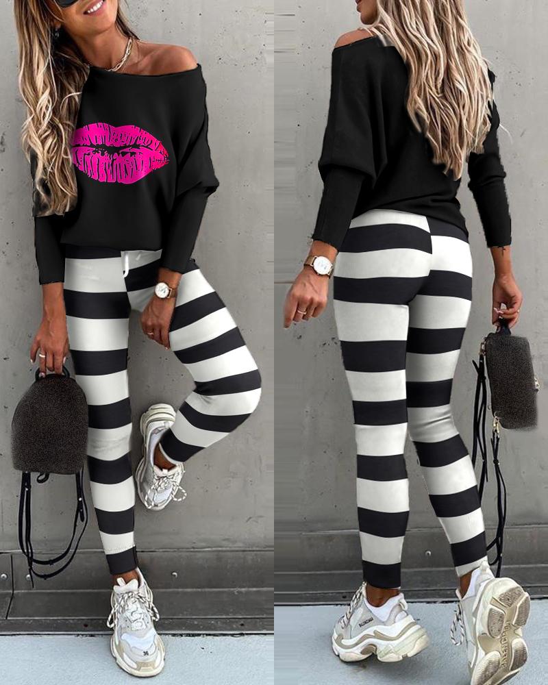 

Lip Print Top & Striped Colorblock Drawstring Pants Set, Black