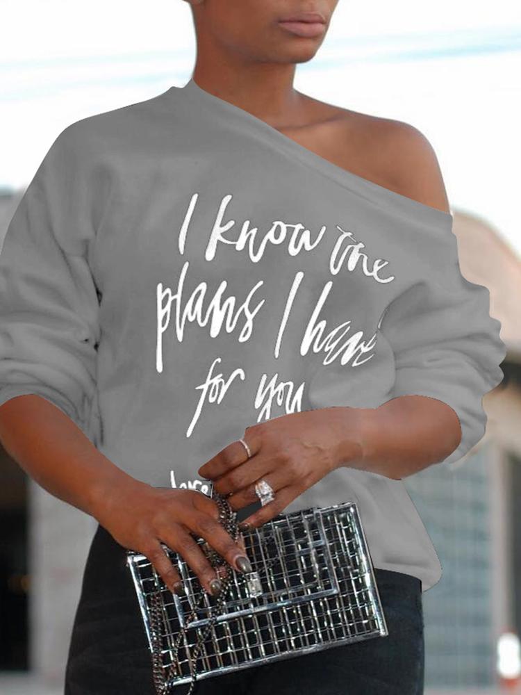 

Skew Neck Letter Print Long Sleeve T-shirt, Gray