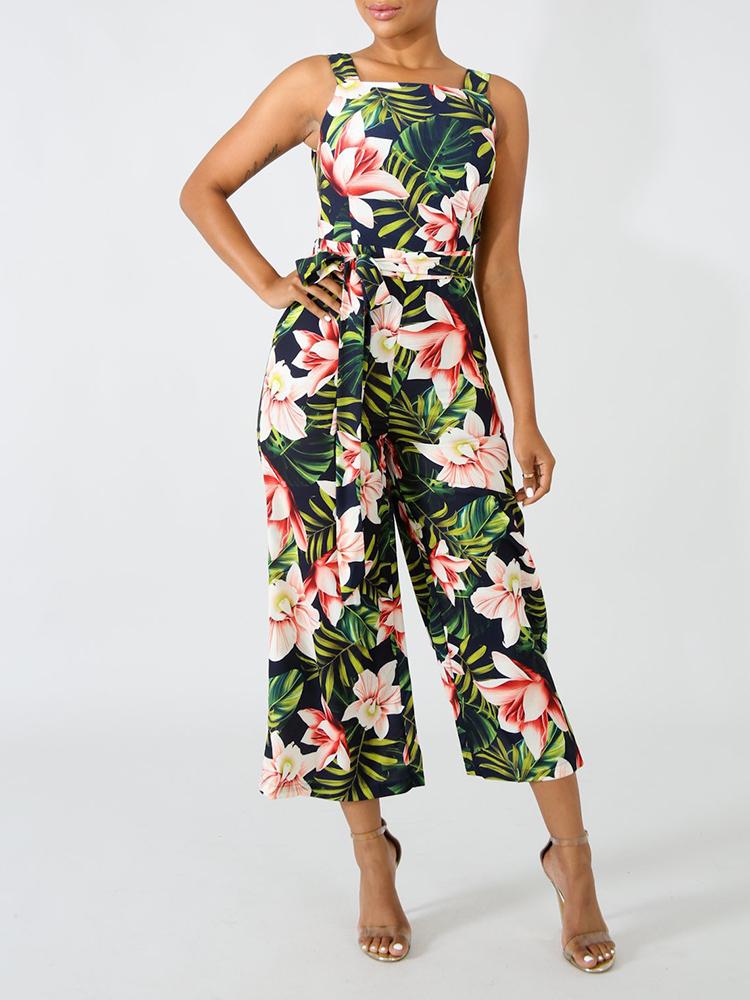 

Tropical Print Belted Backless Wide Leg Jumpsuit