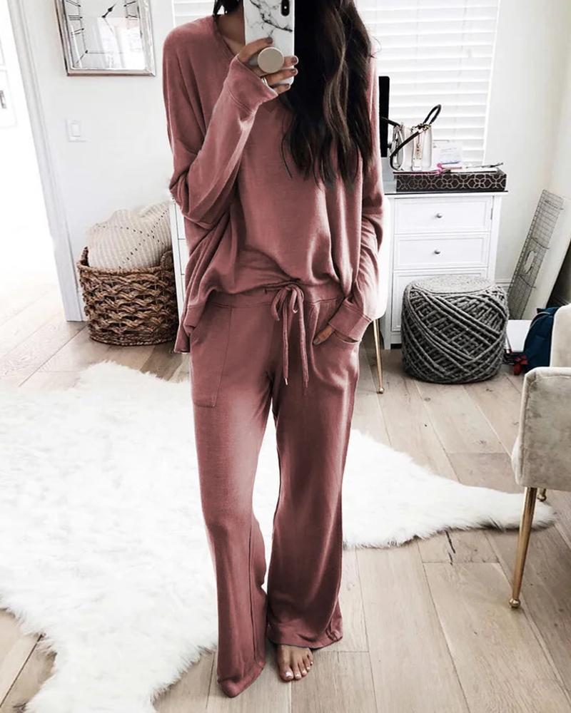 

Plain Long Sleeve Top & Drawstring Pants Set, Pink