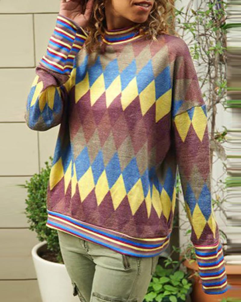 

Geo Clolrblock Print Casual Sweatshirt, Wine red