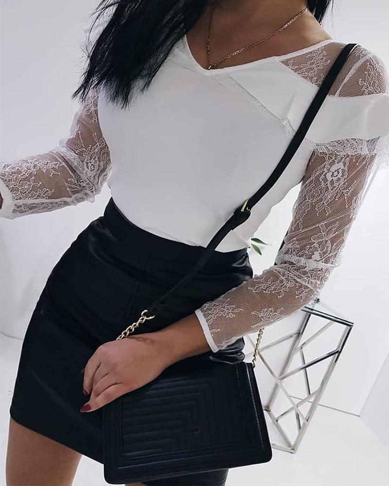 

V Neck Mesh Sleeve Top, White