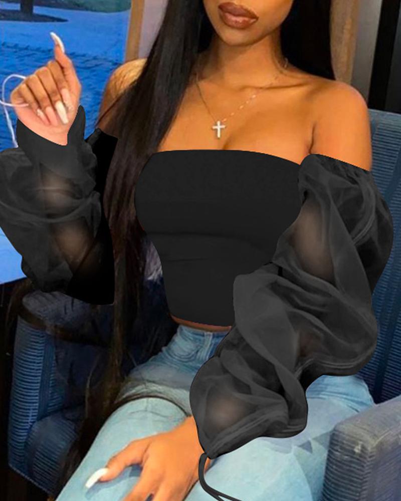 

Off Shoulder Sheer Mesh Crop Top, Black