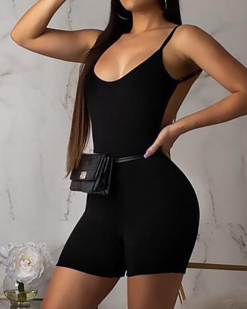 

Spaghetti Strap Open Back Romper, Black