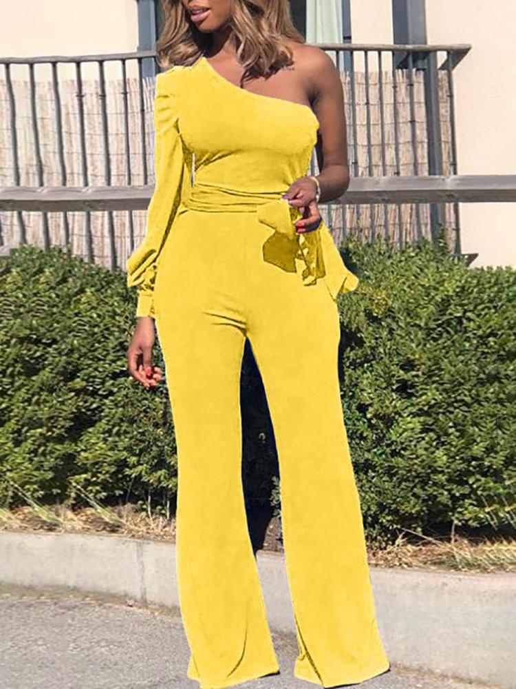 

One Shoulder Bishop Sleeve Belted Jumpsuits, Yellow