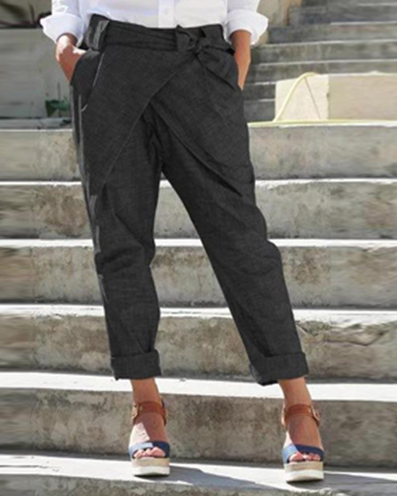 

Cross Over Design Tie Waist Pants, Black